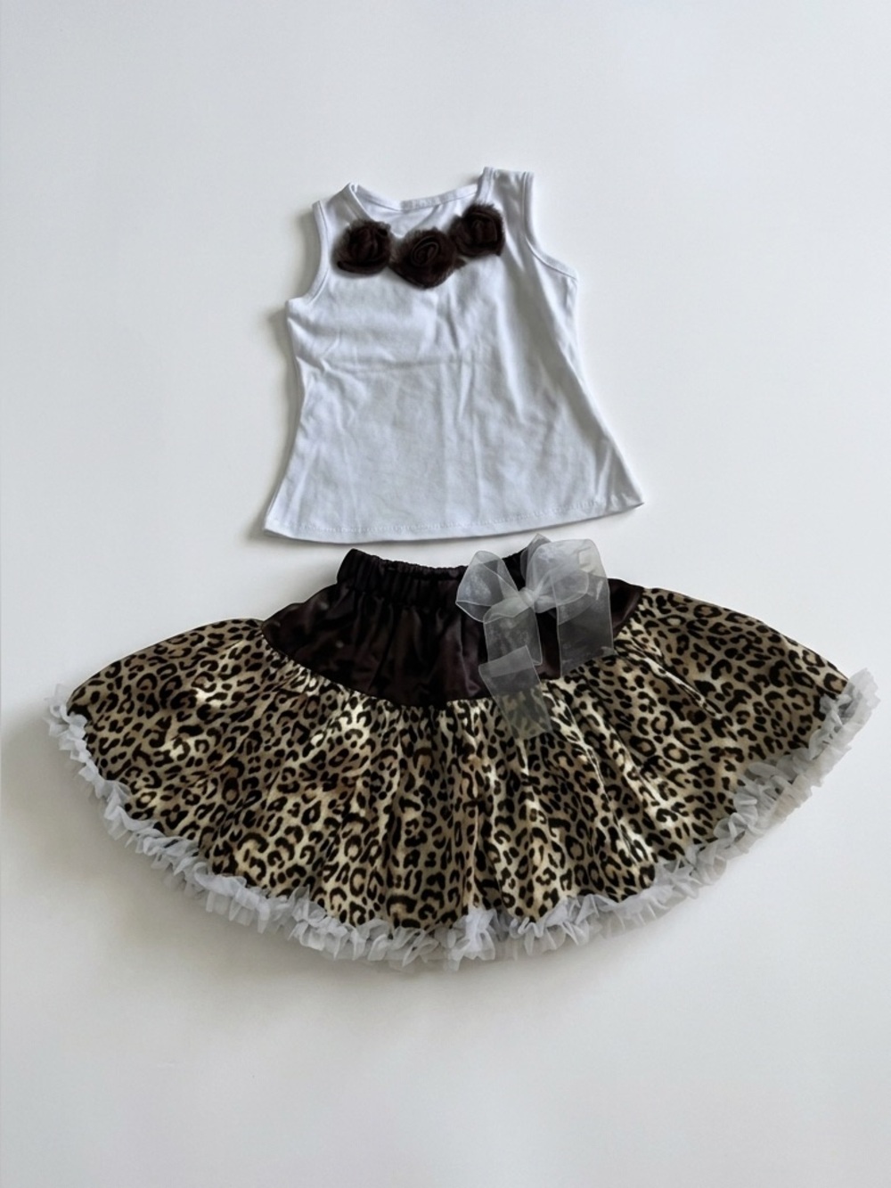 Handmade Baby Girl Leopard Print Satin Tutu & Rosette Tank Set Size 12-18M Boho
